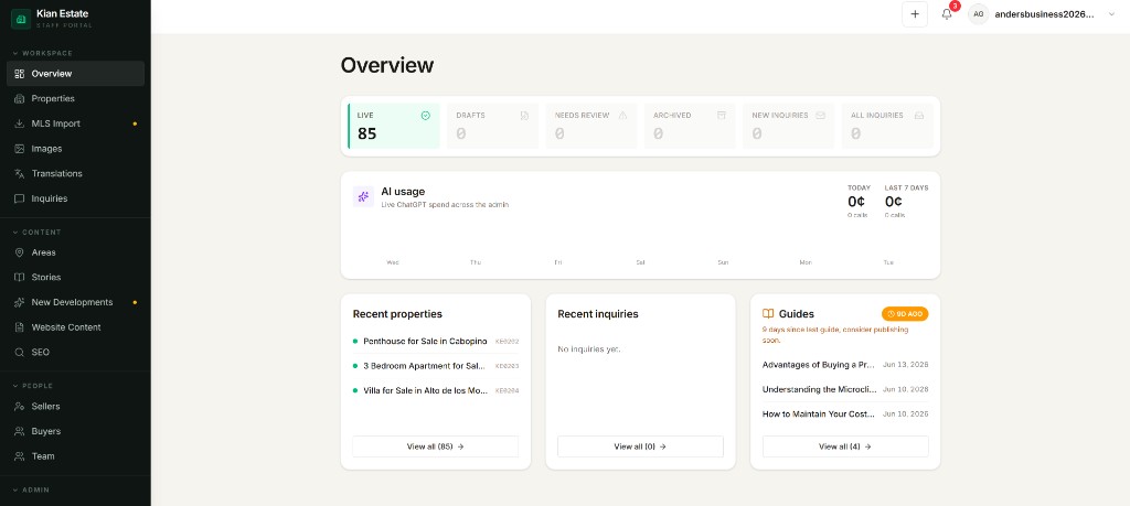 Kian Estate staff portal dashboard